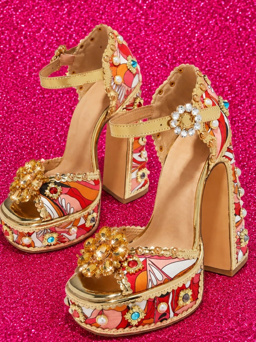 Miss Lola🩵Gold-Trim Floral Block Heels in Pink and Orange Turquoise Accent